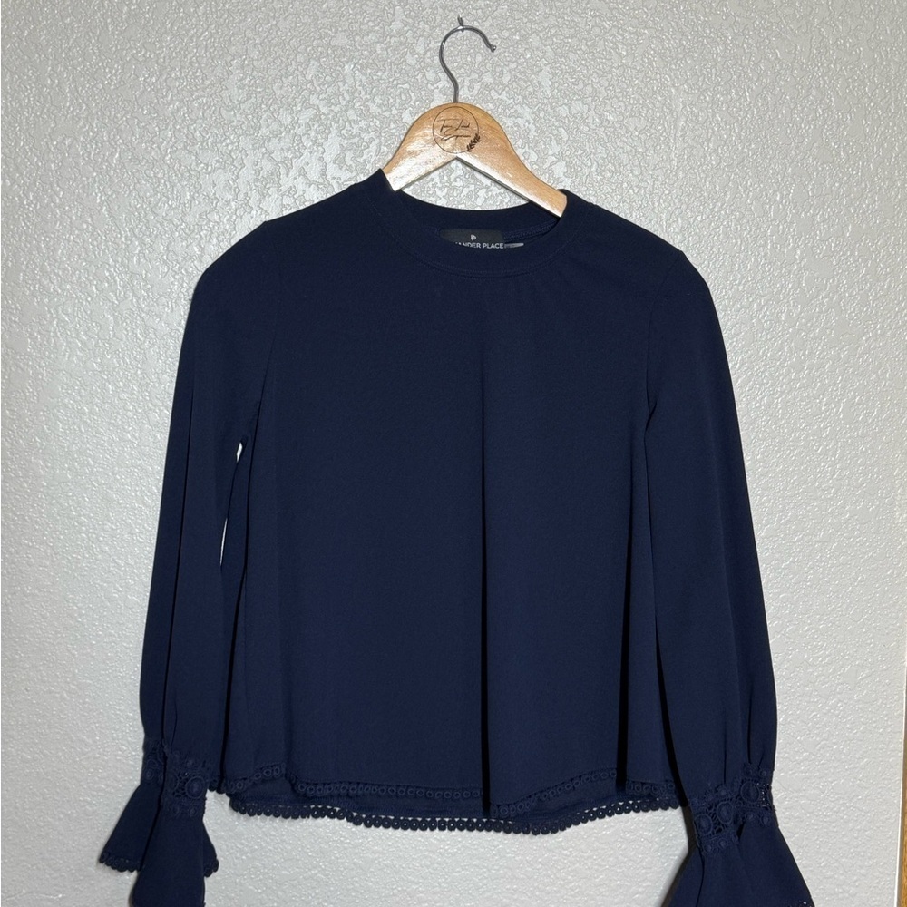 Pomander Place Navy Blouse with Lace Trim